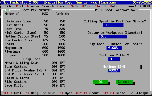 Legacy DOS Speeds and Feeds Screen